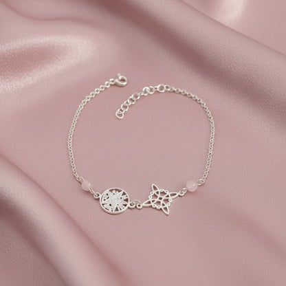 Pulsera Nudo de Bruja y Tetragramatón en Plata de Ley 925 con Cuarzo Rosa - Amuleto de Protección y Amor Propio