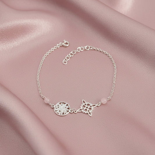 Pulsera Nudo de Bruja y Tetragramatón en Plata de Ley 925 con Cuarzo Rosa - Amuleto de Protección y Amor Propio