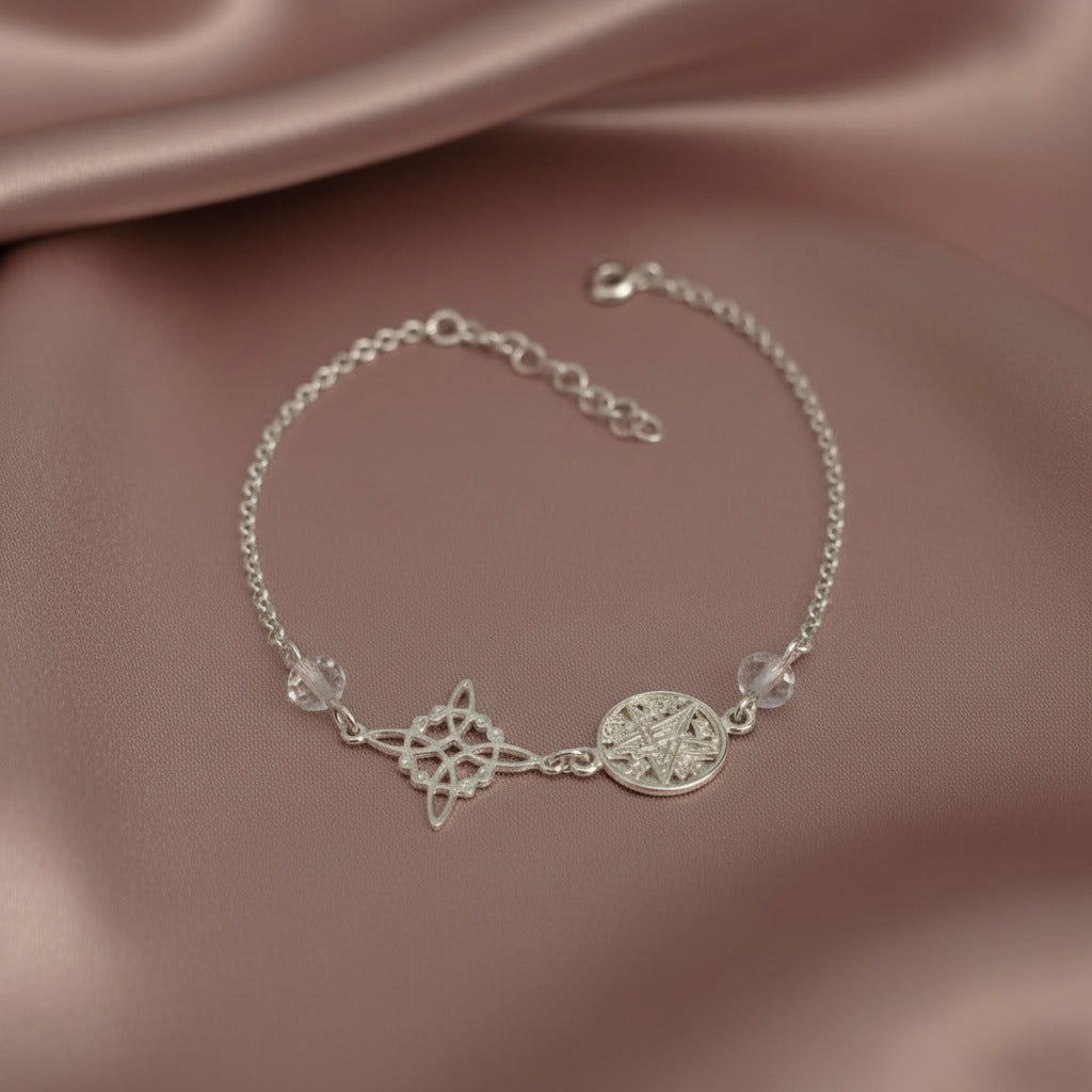 Pulsera Nudo de Bruja y Tetragramatón en Plata de Ley 925 con Cuarzo Transparente - Amuleto de Protección y Purificación