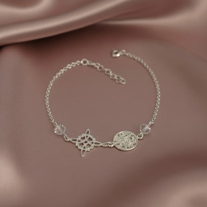 Pulsera Nudo de Bruja y Tetragramatón en Plata de Ley 925 con Cuarzo Transparente - Amuleto de Protección y Purificación