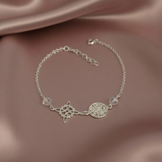 Pulsera Nudo de Bruja y Tetragramatón en Plata de Ley 925 con Cuarzo Transparente - Amuleto de Protección y Purificación