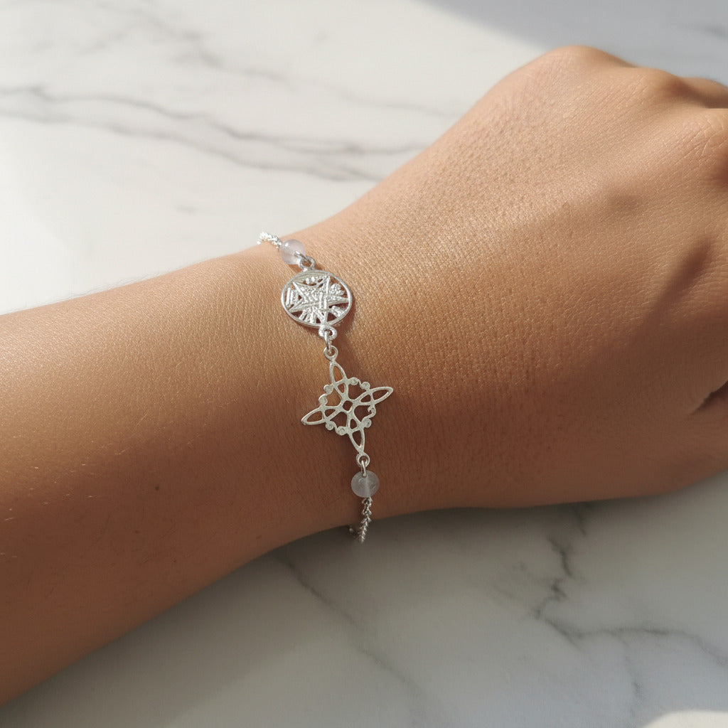 Pulsera Nudo de Bruja y Tetragramatón en Plata de Ley 925 con Cuarzo Transparente - Amuleto de Protección y Purificación