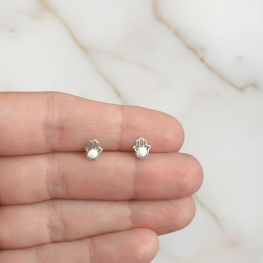 Pendientes Mano de Fátima de Plata de Ley 925 y Esmalte Blanco