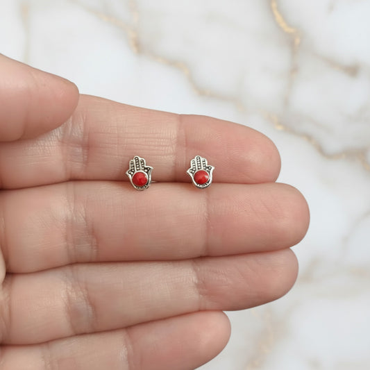 Pendientes Mano de Fátima de Plata de Ley 925 y Esmalte Rojo