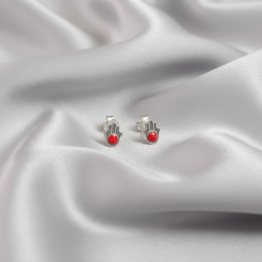 Pendientes Mano de Fátima de Plata de Ley 925 y Esmalte Rojo