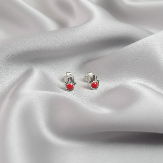 Pendientes Mano de Fátima de Plata de Ley 925 y Esmalte Rojo
