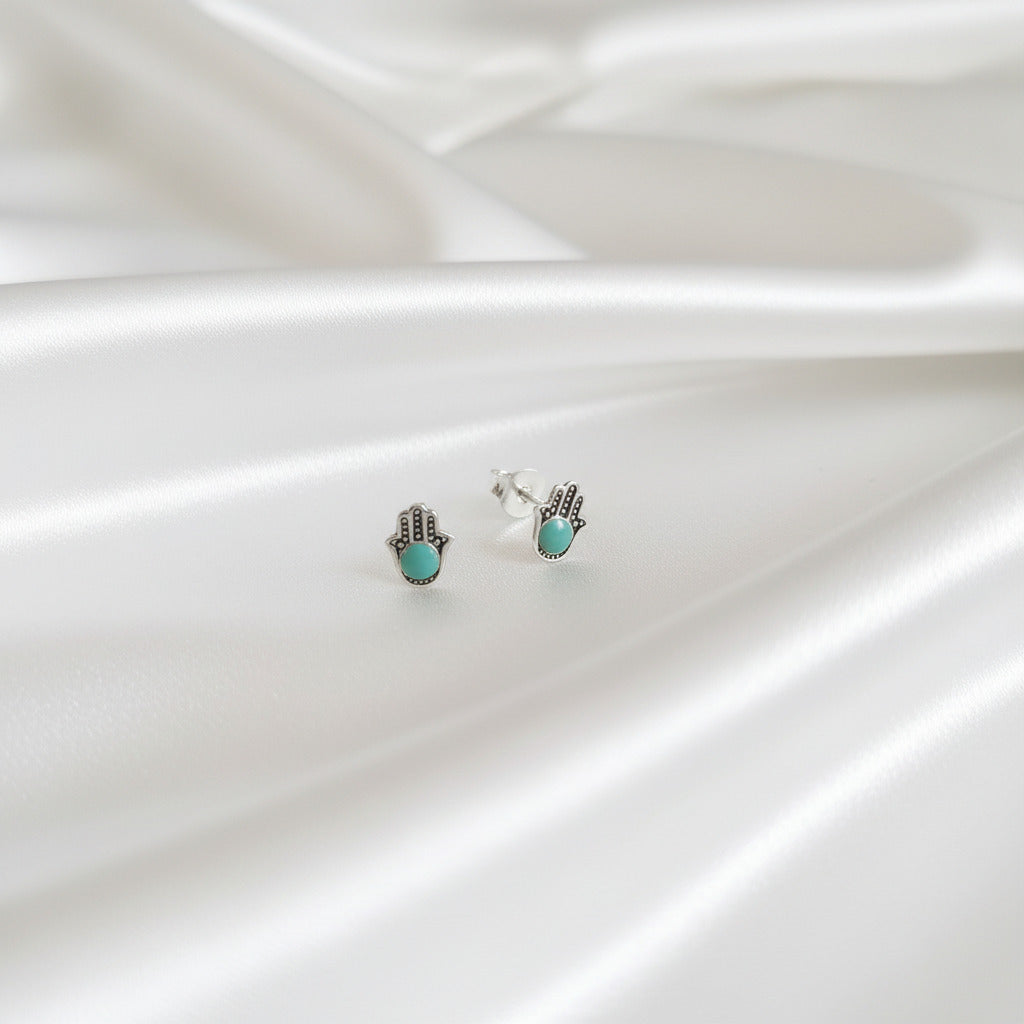Pendientes Mano de Fátima de Plata de Ley 925 y Esmalte Turquesa