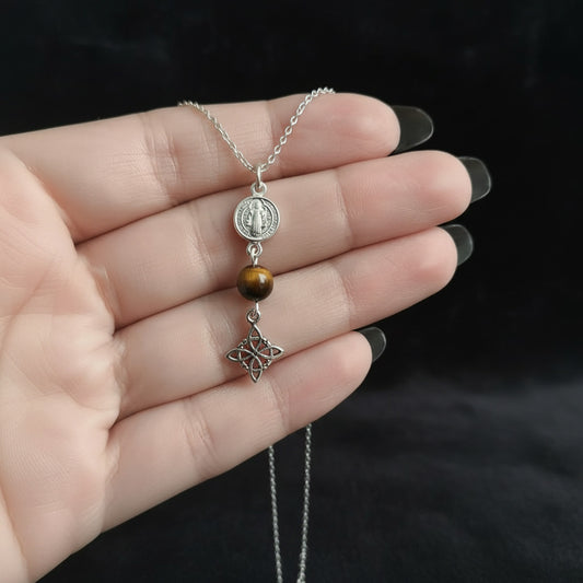 Colgante San Benito, Nudo de Brujas y Ojo de Tigre de Plata de Ley 925 - Amuleto Protector