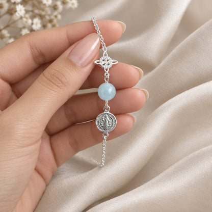 Pulsera Nudo de Brujas y San Benito en Plata de Ley con Aguamarina