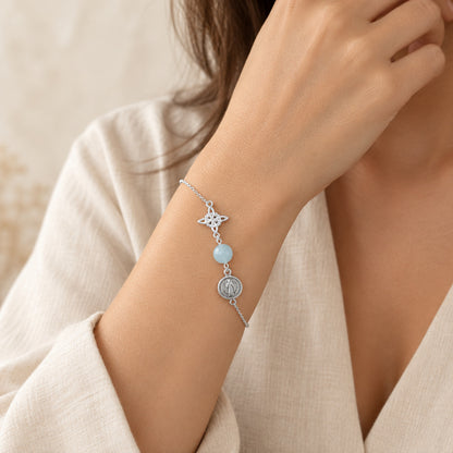 Pulsera Nudo de Brujas y San Benito en Plata de Ley con Aguamarina