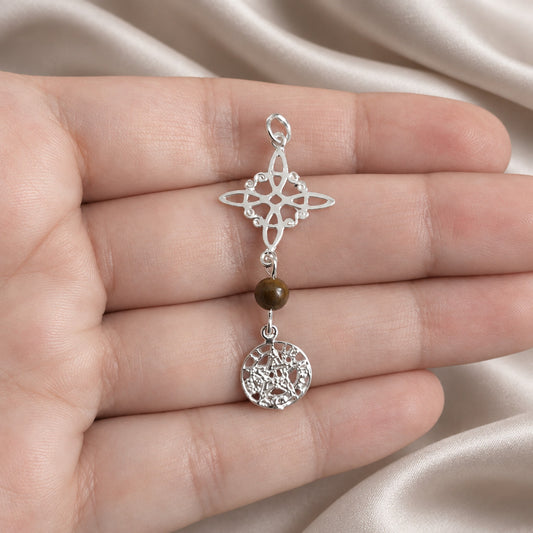 Colgante Nudo de Brujas y Tetragramatón en Plata de Ley con Ojo de Tigre