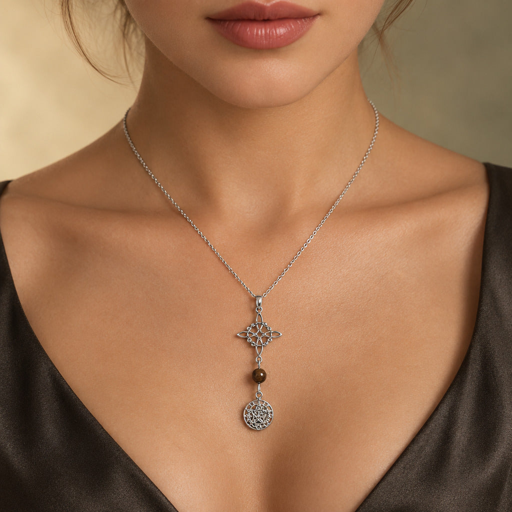 Colgante Nudo de Brujas y Tetragramatón en Plata de Ley con Ojo de Tigre