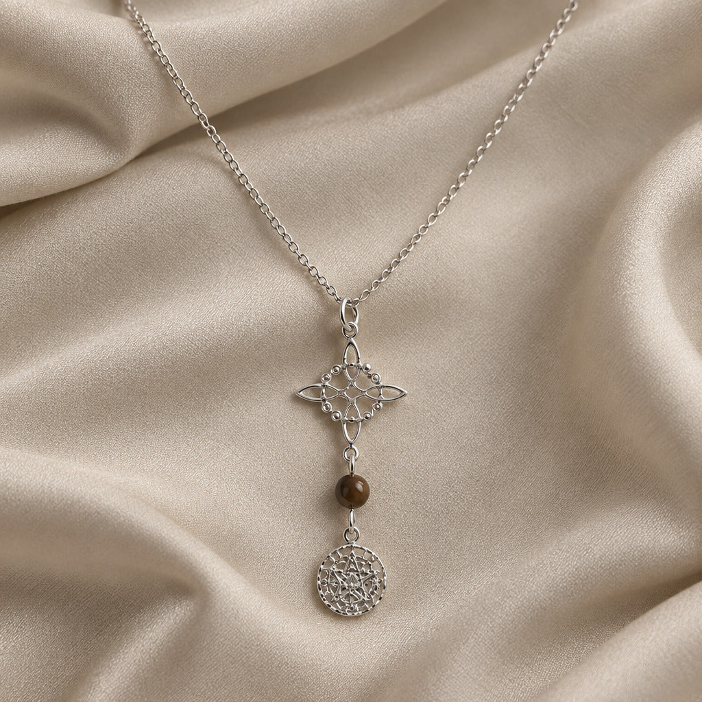 Colgante Nudo de Brujas y Tetragramatón en Plata de Ley con Ojo de Tigre
