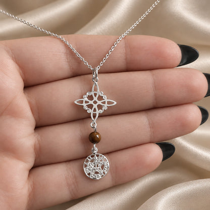 Colgante Nudo de Brujas y Tetragramatón en Plata de Ley con Ojo de Tigre