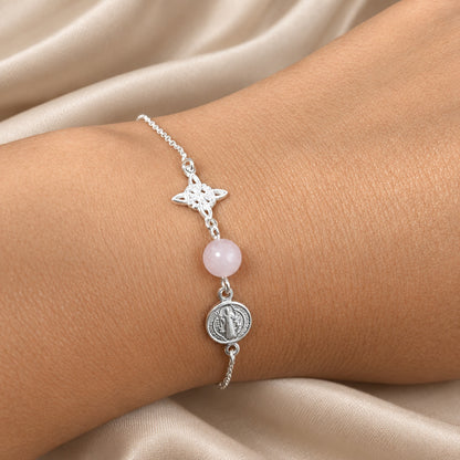 Pulsera de Plata de Ley, San Benito, Nudo de Brujas y Cuarzo Rosa, Joya de Protección y Armonía