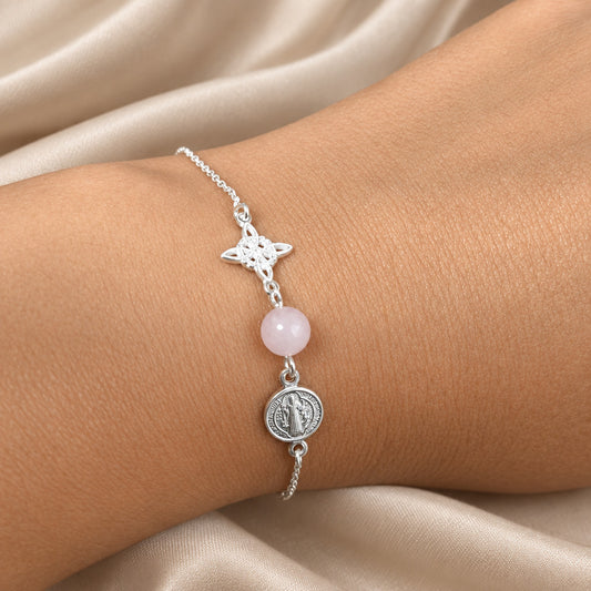 Pulsera de Plata de Ley, San Benito, Nudo de Brujas y Cuarzo Rosa, Joya de Protección y Armonía