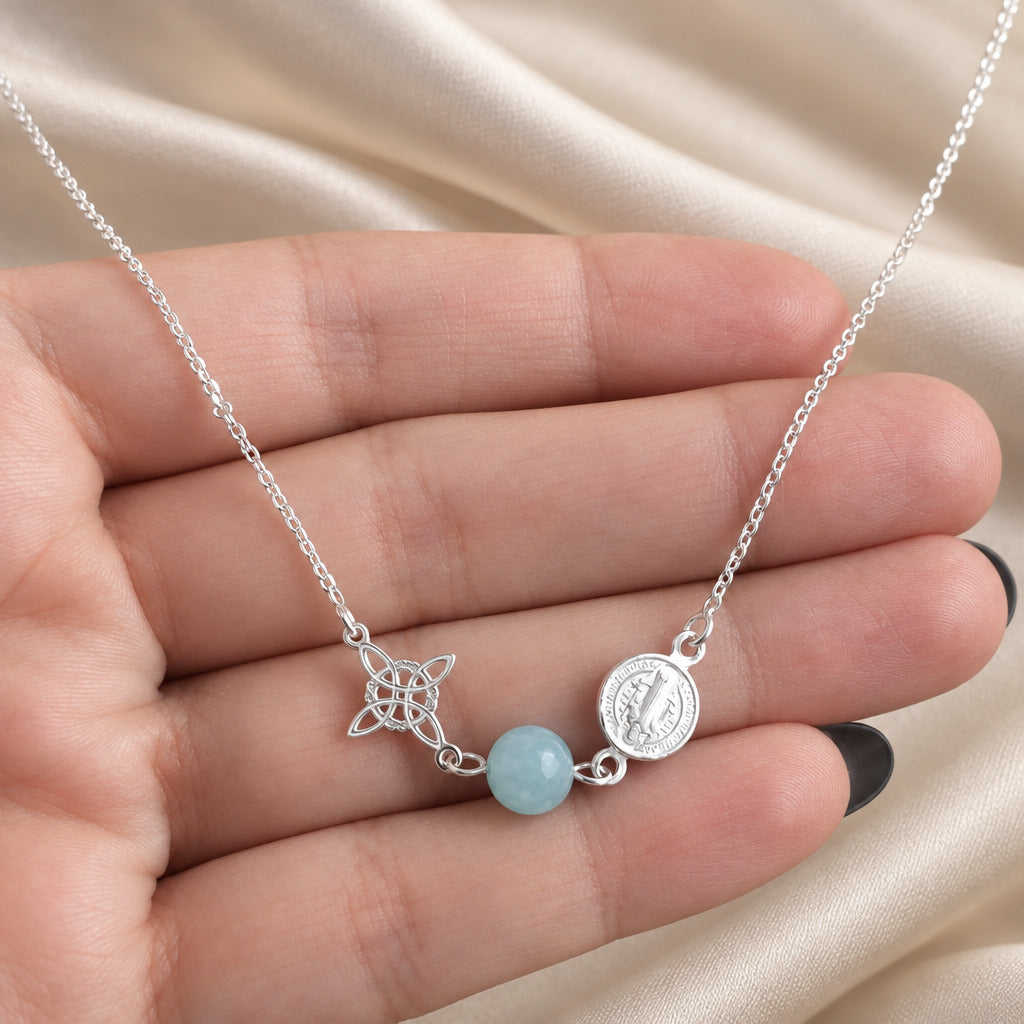 Collar de Plata de Ley, San Benito, Nudo de Brujas y Aguamarina, Joya de Protección y Fluidez