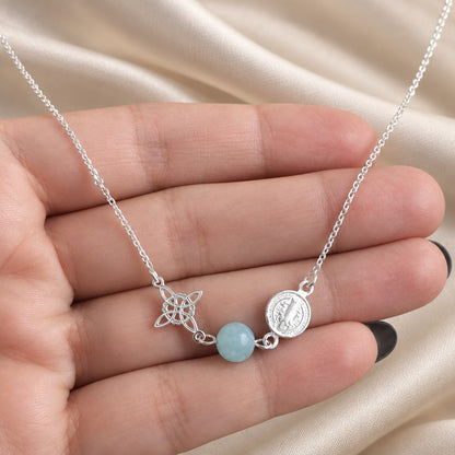 Collar de Plata de Ley, San Benito, Nudo de Brujas y Aguamarina, Joya de Protección y Fluidez