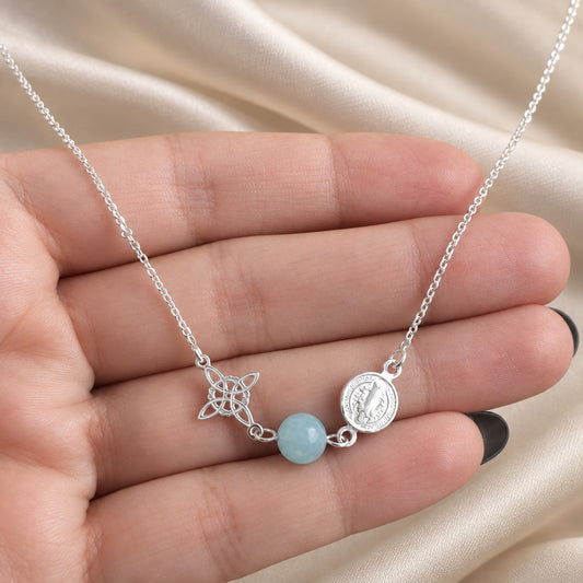 Collar de Plata de Ley, San Benito, Nudo de Brujas y Aguamarina, Joya de Protección y Fluidez