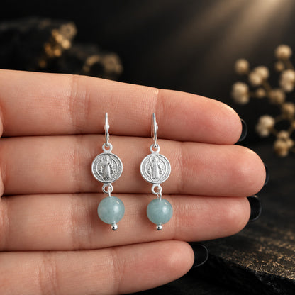 Pendientes de Plata de Ley 925, San Benito y Aguamarina, Joya de Protección y Serenidad