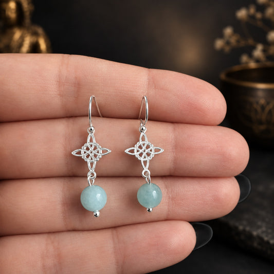 Pendientes de Plata de Ley 925, Nudo de Brujas y Aguamarina, Joya de Protección y Serenidad
