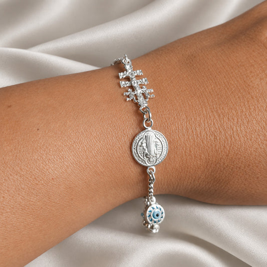 Pulsera "Trinidad Protectora" Ojo Turco, San Benito y Cruz de Caravaca en Plata 925