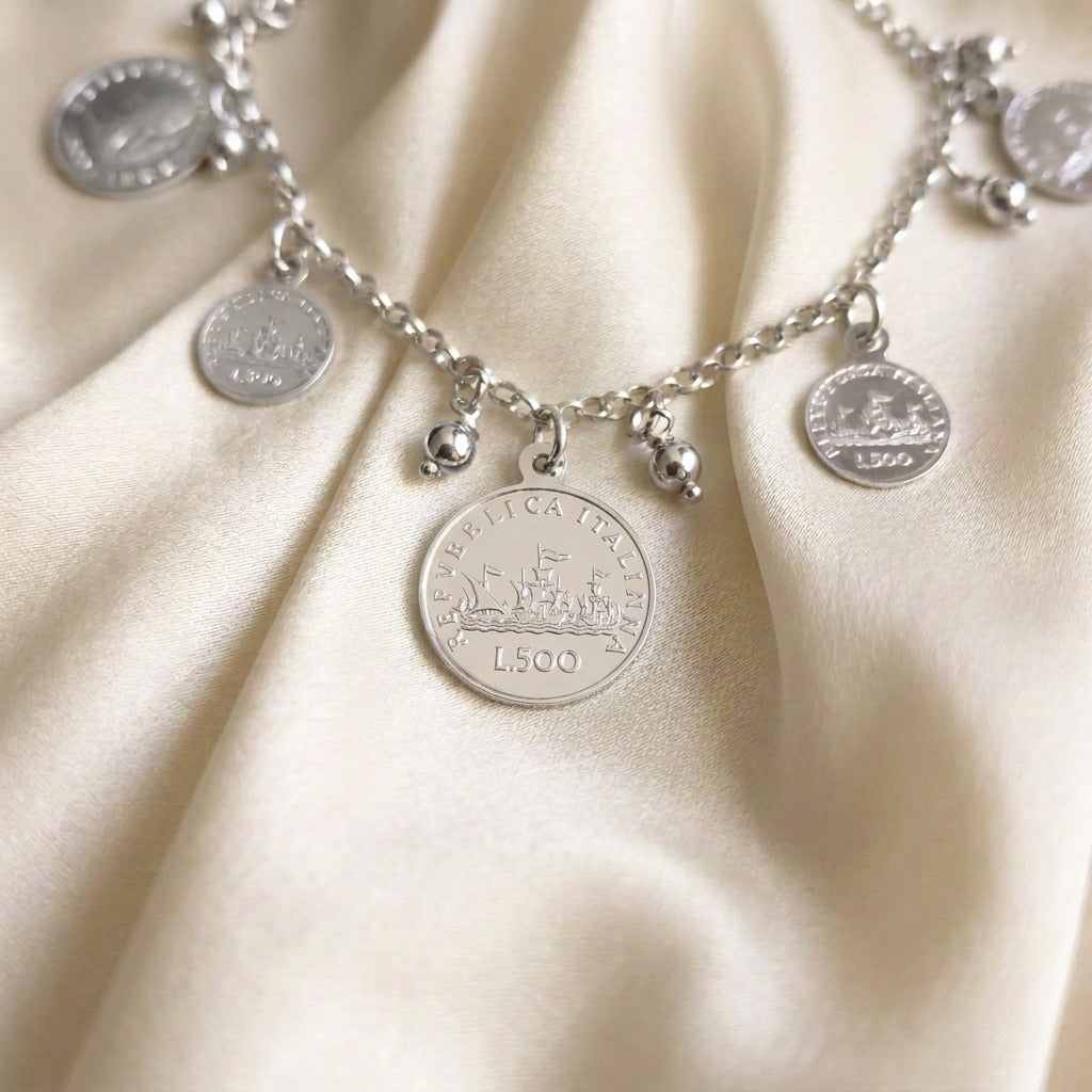 Pulsera de Plata de Ley 925 con Monedas Italia L.500