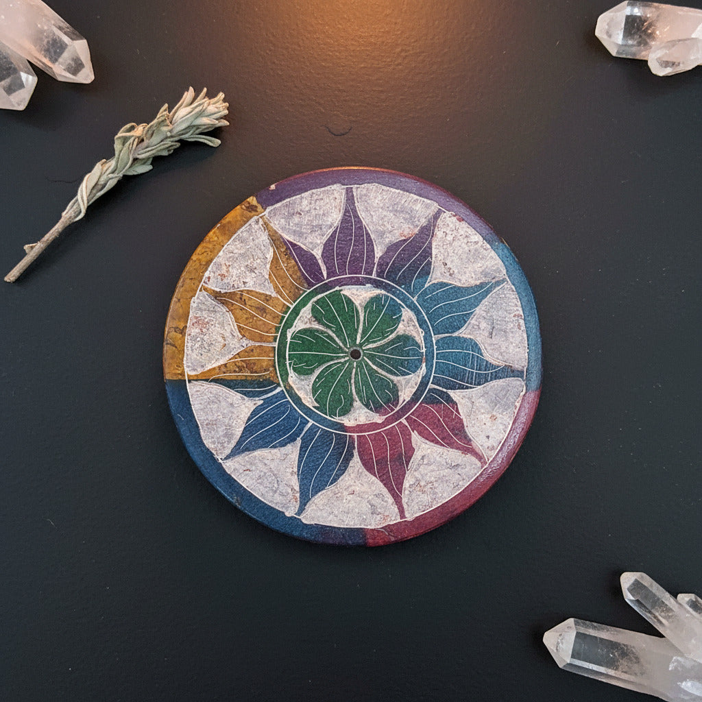 Porta-Incienso Mandala de Piedra Natural – Plato Artesanal Flor de la Vida (7.5 cm)