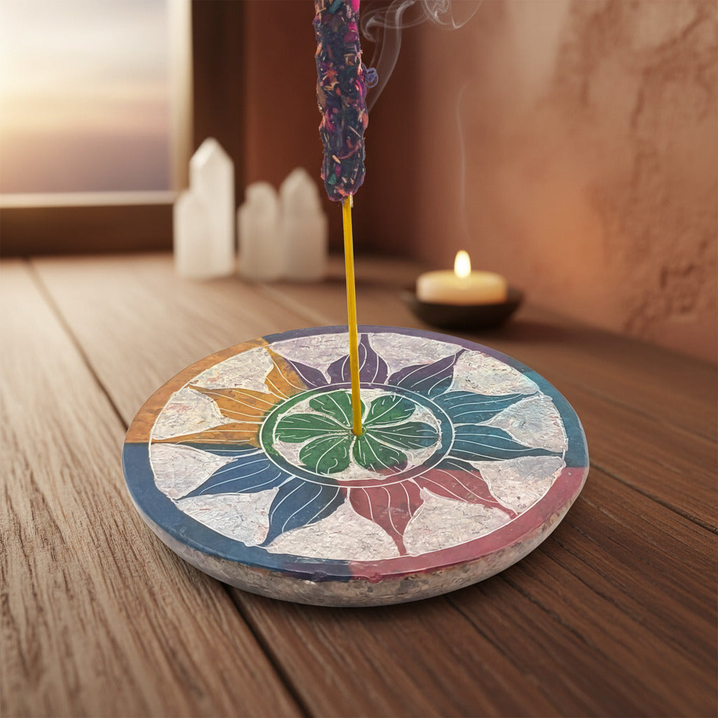 Porta-Incienso Mandala de Piedra Natural – Plato Artesanal Flor de la Vida (7.5 cm)