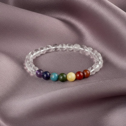 Pulsera "Equilibrio Universal" – Siete Chakras y Cuarzo Cristal Natural (6mm / 8mm)