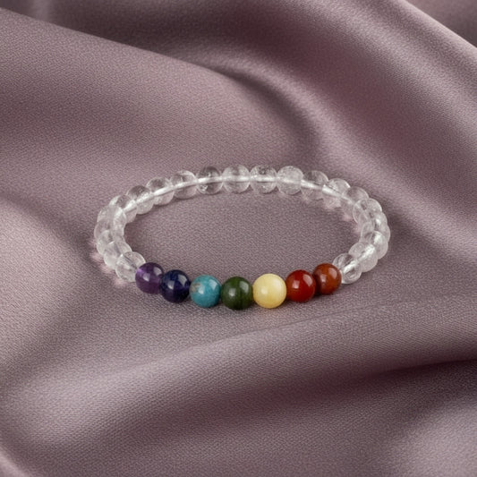 Pulsera "Equilibrio Universal" – Siete Chakras y Cuarzo Cristal Natural (6mm / 8mm)