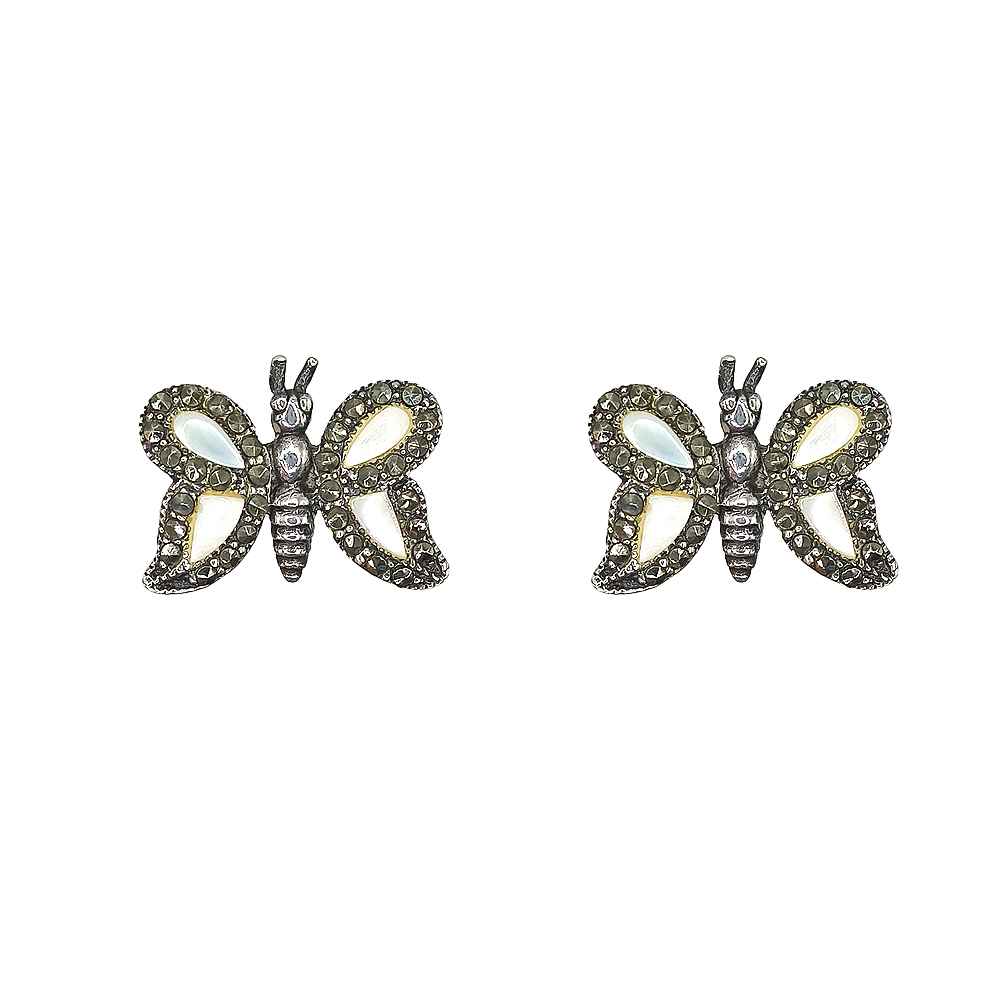 Pendientes de Mariposa en Plata de Ley 925, Nácar y Marquesitas - Estilo Vintage (15x20 mm)