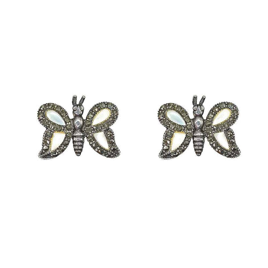 Pendientes de Mariposa en Plata de Ley 925, Nácar y Marquesitas - Estilo Vintage (15x20 mm)