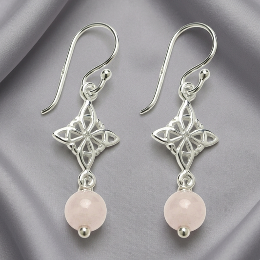 Pendientes Nudo de Bruja y Cuarzo Rosa en Plata de Ley 925 - Amuleto de Protección