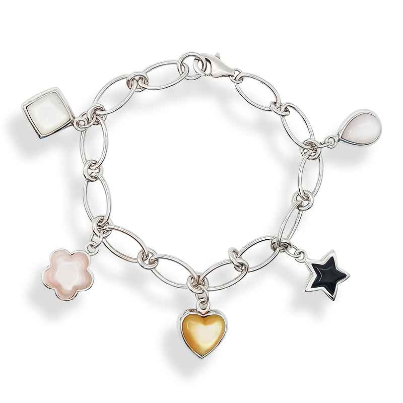 Pulsera de Charms con Nácar de Colores en Plata de Ley 925 y Baño de Rodio (18 cm)