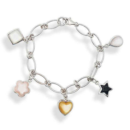 Pulsera de Charms con Nácar de Colores en Plata de Ley 925 y Baño de Rodio (18 cm)