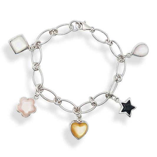 Pulsera de Charms con Nácar de Colores en Plata de Ley 925 y Baño de Rodio (18 cm)