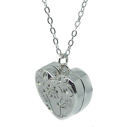 Colgante Corazón Relicario Rodiado con Diseño Floral en Plata de Ley 925 y Cadena