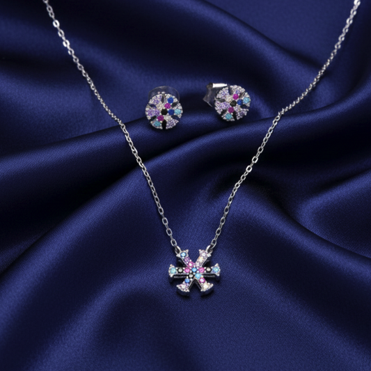 Conjunto de Gargantilla y Pendientes en Plata de Ley 925 Rodiada con Circonitas de Colores - Joyería Fina Minimalista y Regalo Sofisticado