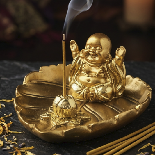 Soporte Ritual "Buda de la Abundancia" en Hoja Dorada – Atraiga Riqueza y Alegría (11 cm)