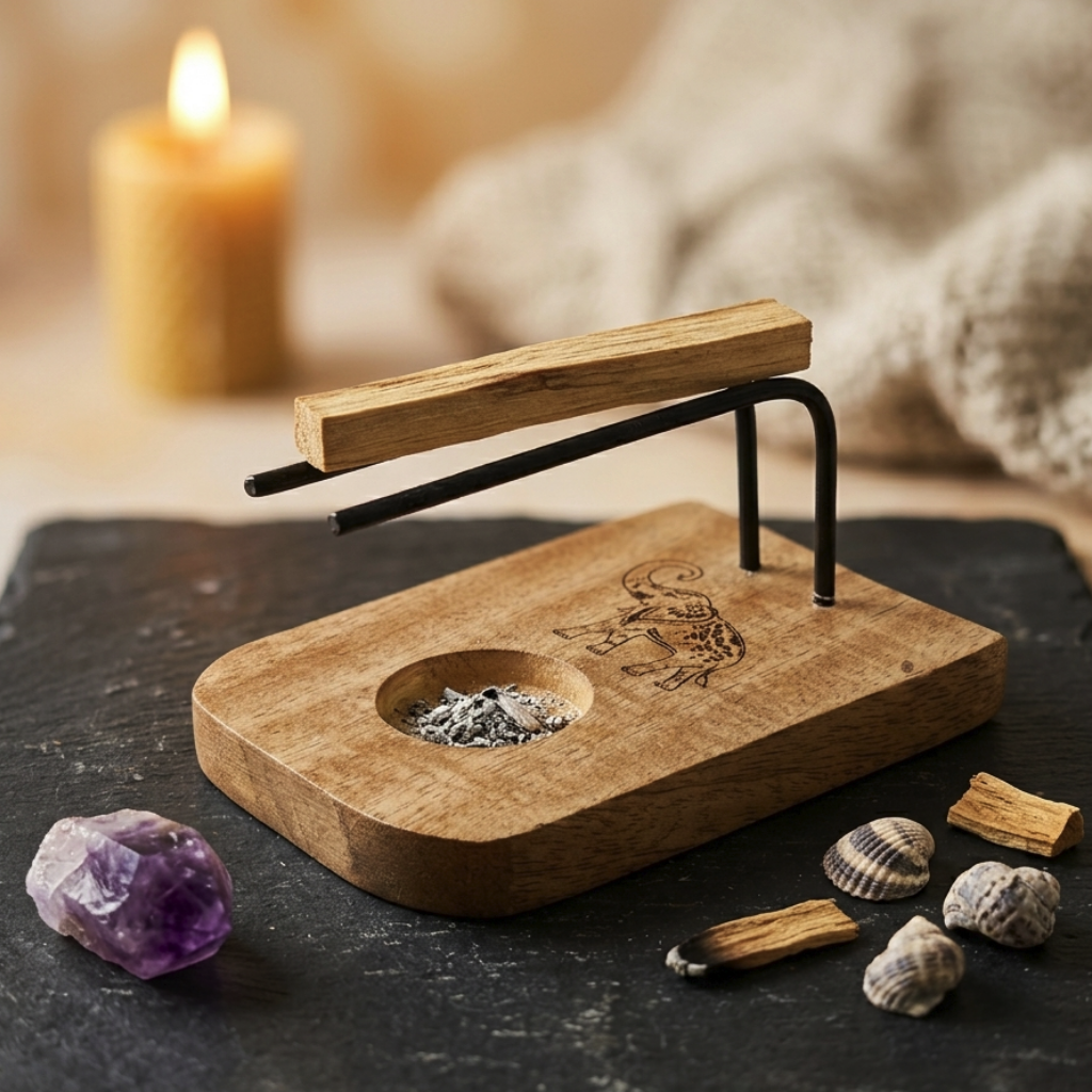 Soporte Ritual "Sabiduría del Elefante" – Base de Madera y Hierro para Palo Santo y Atados (13x8 cm)