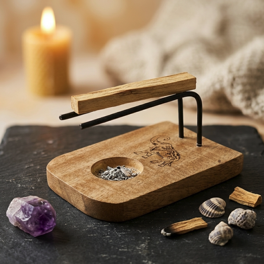 Soporte Ritual "Sabiduría del Elefante" – Base de Madera y Hierro para Palo Santo y Atados (13x8 cm)