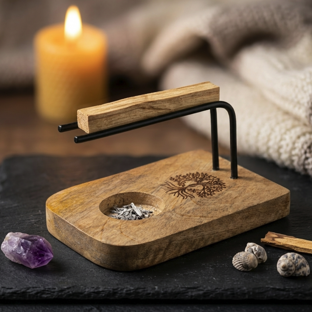 Soporte Ritual "Árbol de la Vida" – Base de Madera y Hierro para Palo Santo y Atados (13x8 cm)