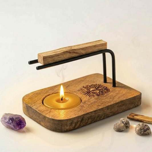 Soporte Ritual "Árbol de la Vida" – Base de Madera y Hierro para Palo Santo y Atados (13x8 cm)