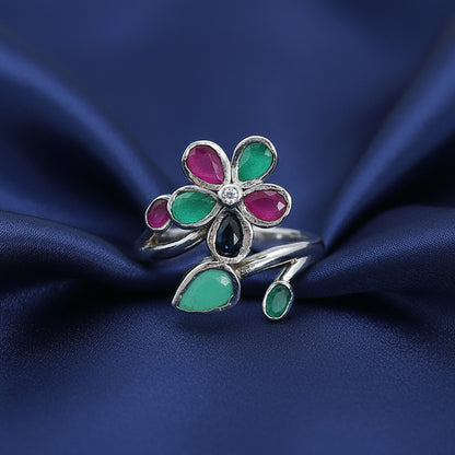 Anillo Flor de las Tres Gemas de Plata de Ley 925 con Esmeralda, Rubí y Zafiro - Amuleto de Poder Espiritual y Regalo de Alta Vibración