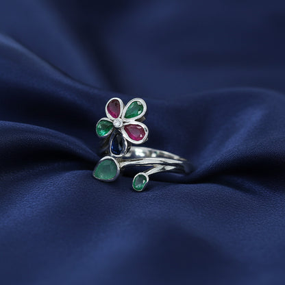 Anillo Flor de las Tres Gemas de Plata de Ley 925 con Esmeralda, Rubí y Zafiro - Amuleto de Poder Espiritual y Regalo de Alta Vibración