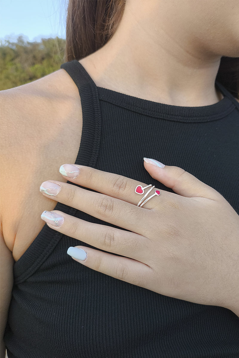 Anillo de Hilo Doble con Corazones Esmaltados en Rojo - Sortija Fija Plata de Ley 925