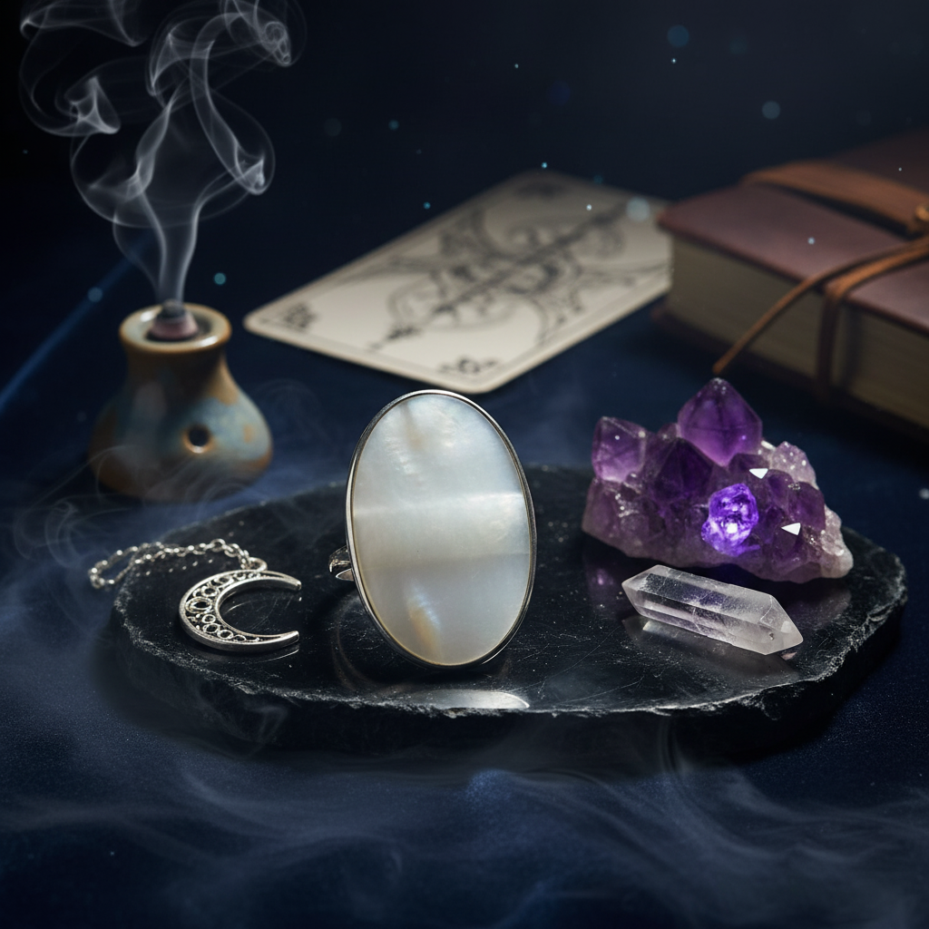 Anillo "Puerta Lunar" de Plata y Nácar - Energía Mística y Ajustable