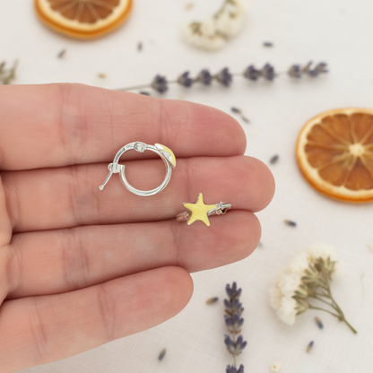 Pendientes de Aro con Estrella en Plata de Ley 925 y Esmalte Amarillo - Criollas con Cierre Italiano para Regalo