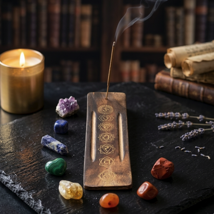 Porta Incienso "Alineación de Chakras" – Soporte de Madera Noble Tallada (26x7 cm)